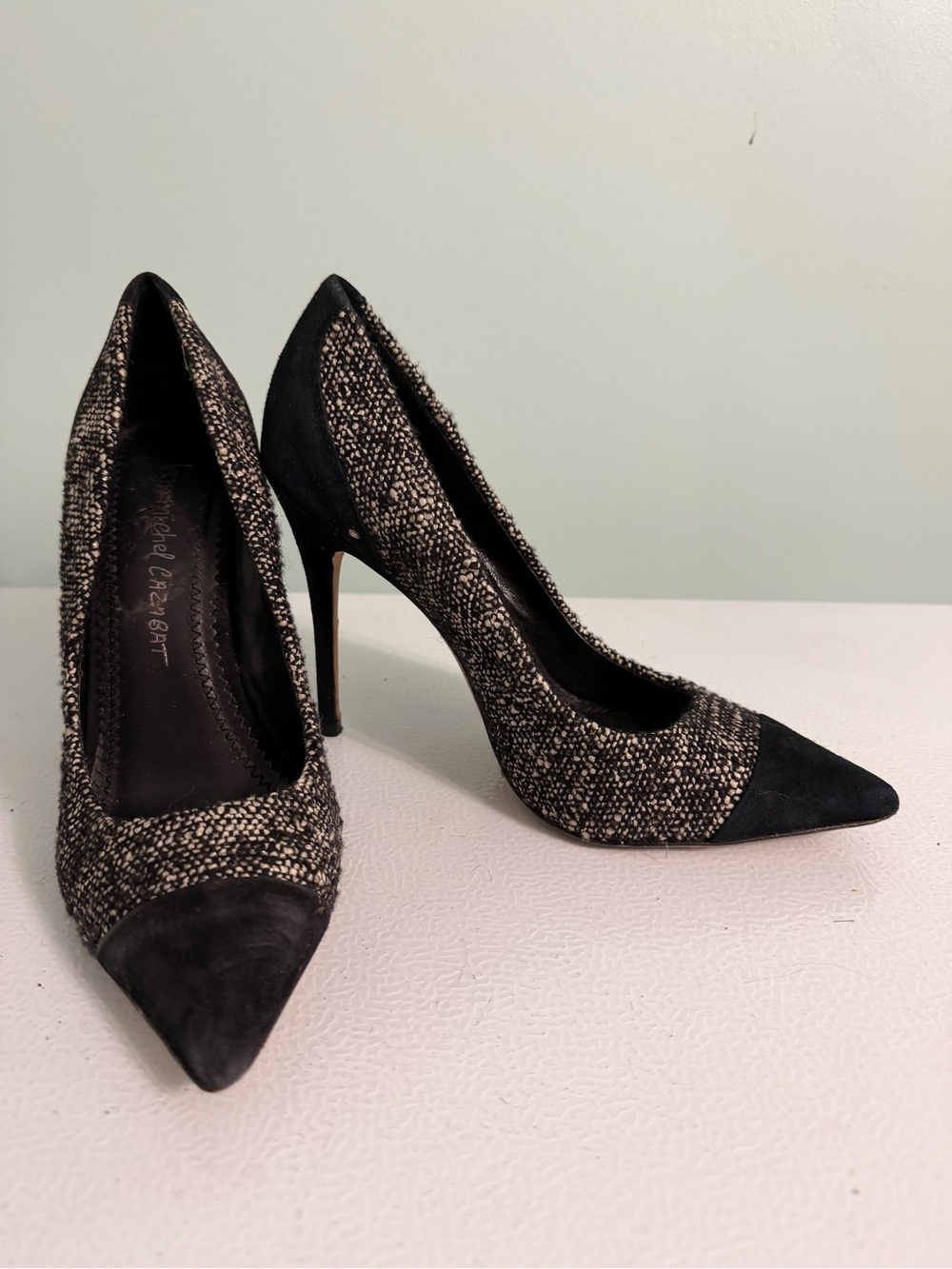 Jean-Michel Cazabat Tweed Suede Pointed Toe Pumps Size 37.5 Stiletto Heels